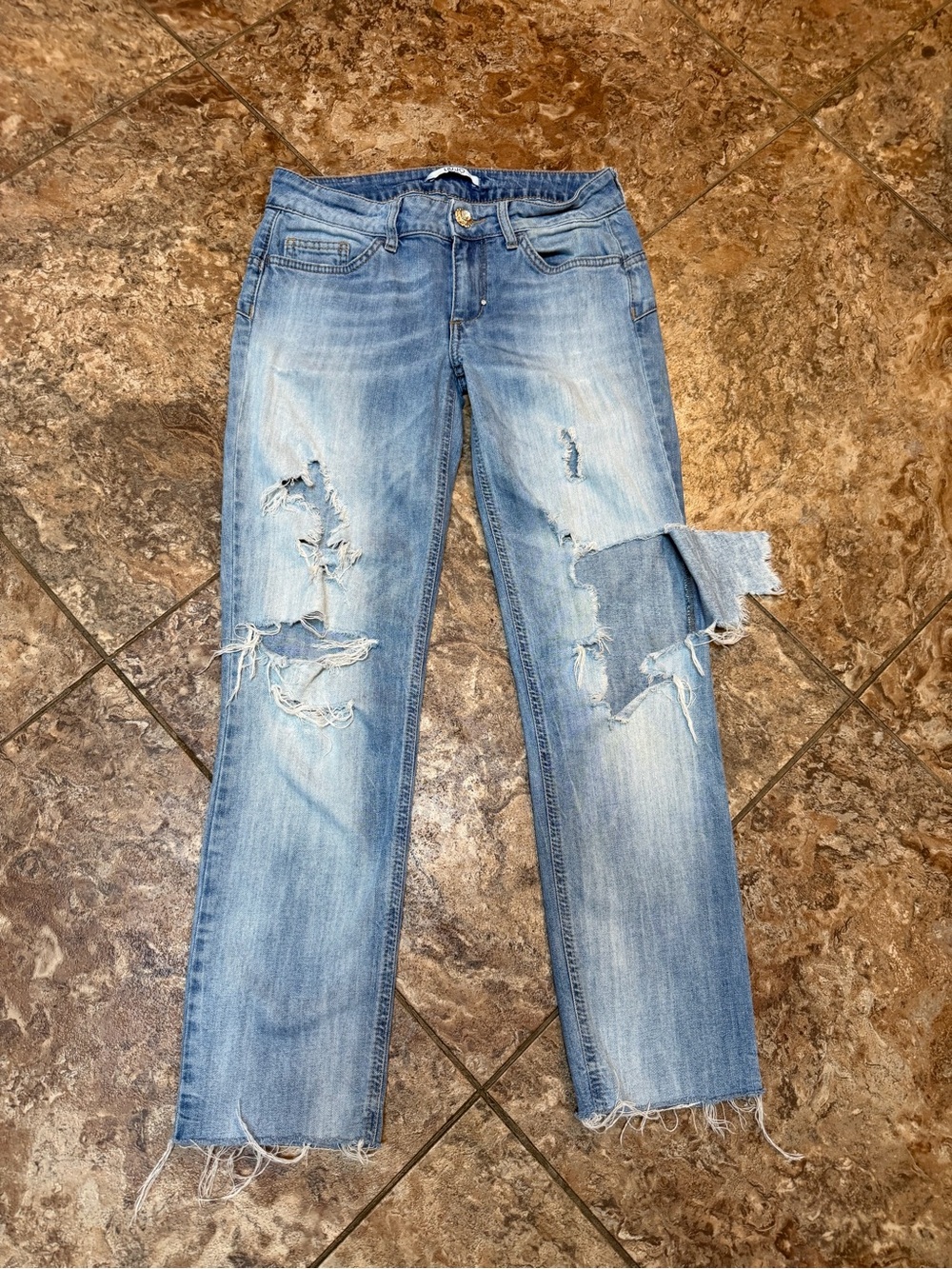 LIU JO Jeans Distressed Rhinestone Straight Leg Jeans Raw